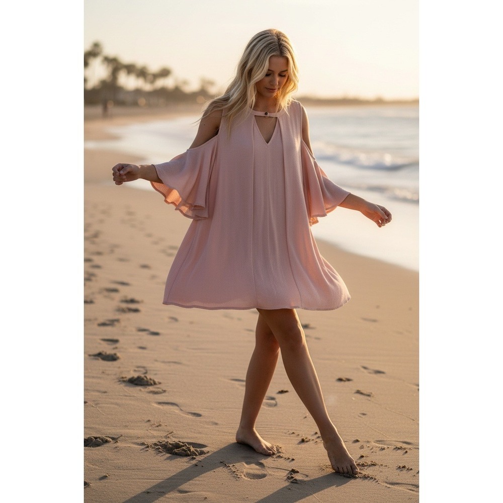 Umgee USA Dusty Rose Cold Shoulder Flutter Sleeve Blouse Sz M Asymmetric Hem‎